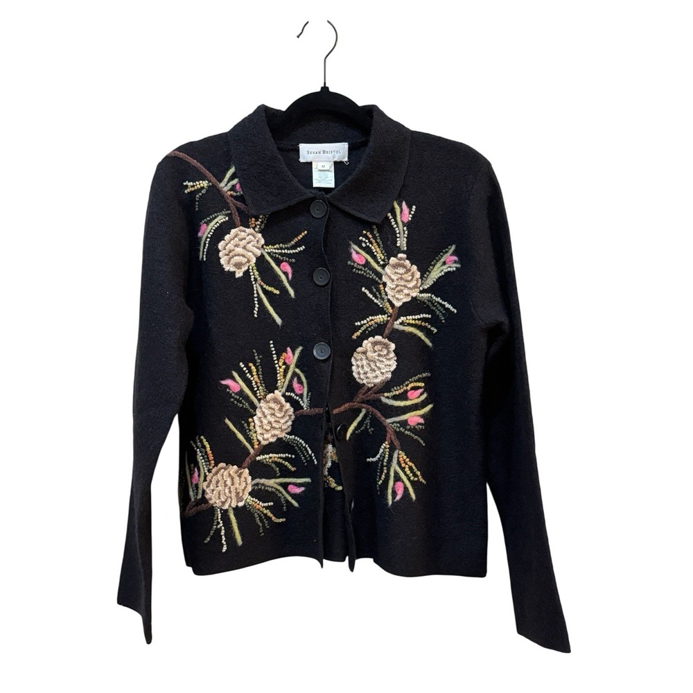 Susan Bristol Women Embroidered Cardigan Sweater Size Medium 100% Wool‎ 90's Y2K